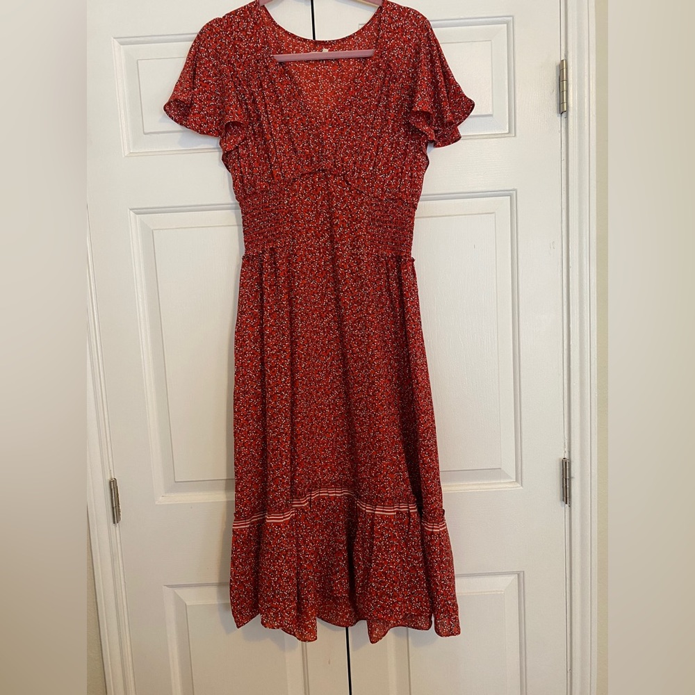 MAX STUDIO Red Floral  Prairie DRESS  Smocked  Cottagecore Boho L